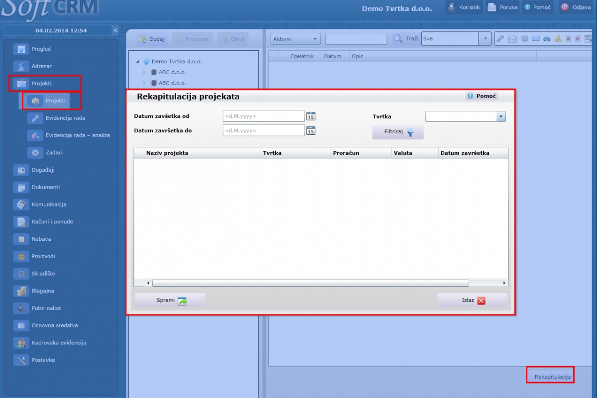 Prozor rekapitulacije projekata